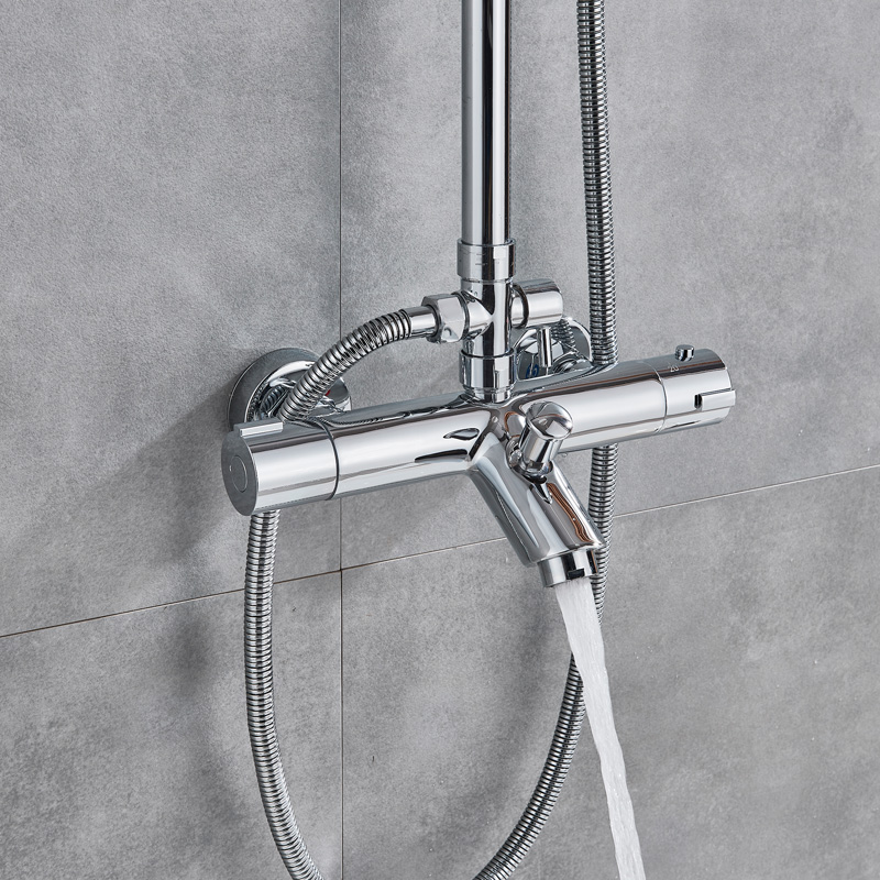 Ensemble de douche thermostatique à double poignée, mitigeur bain-douche à effet pluie avec douchette, mitigeur de douche mural chromé