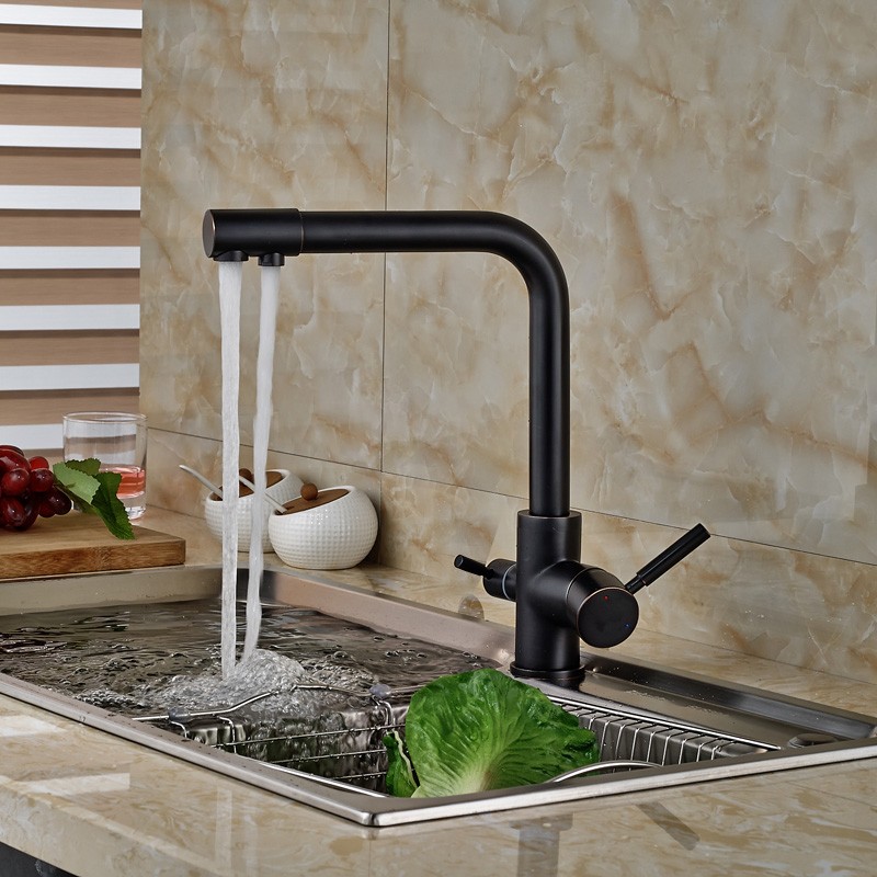 Rubinetto da cucina in bronzo lucidato a olio, miscelatore caldo-freddo, con beccuccio per acqua pura, doppie maniglie