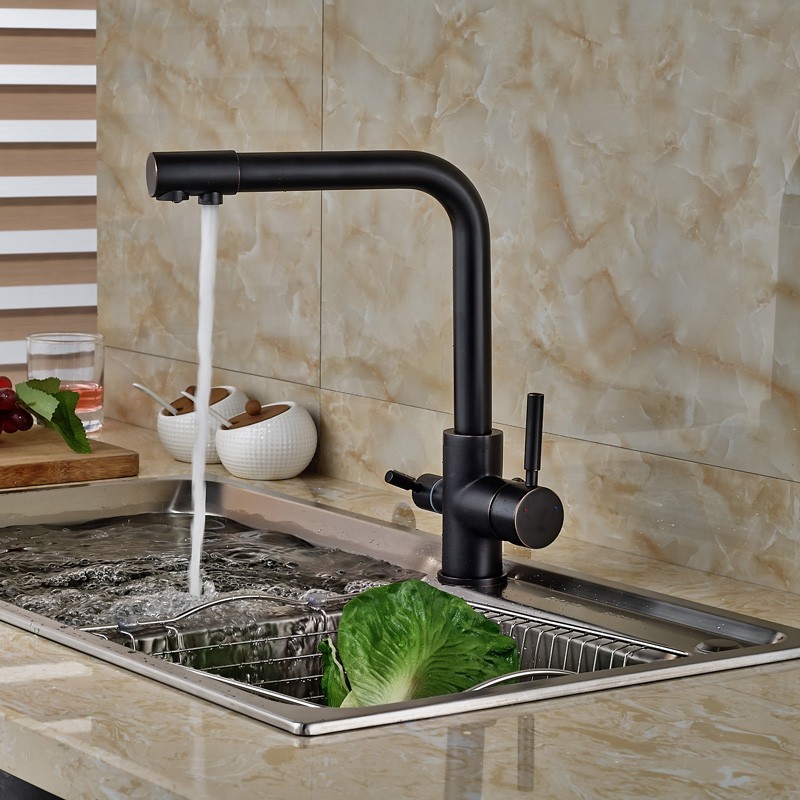 Rubinetto da cucina in bronzo lucidato a olio, miscelatore caldo-freddo, con beccuccio per acqua pura, doppie maniglie (4)