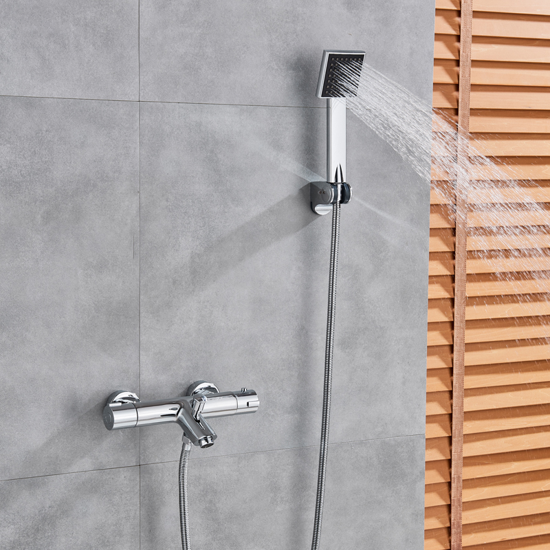 Ensemble de douche thermostatique à double poignée, mitigeur bain-douche effet pluie avec douchette, mitigeur mural chromé (3)