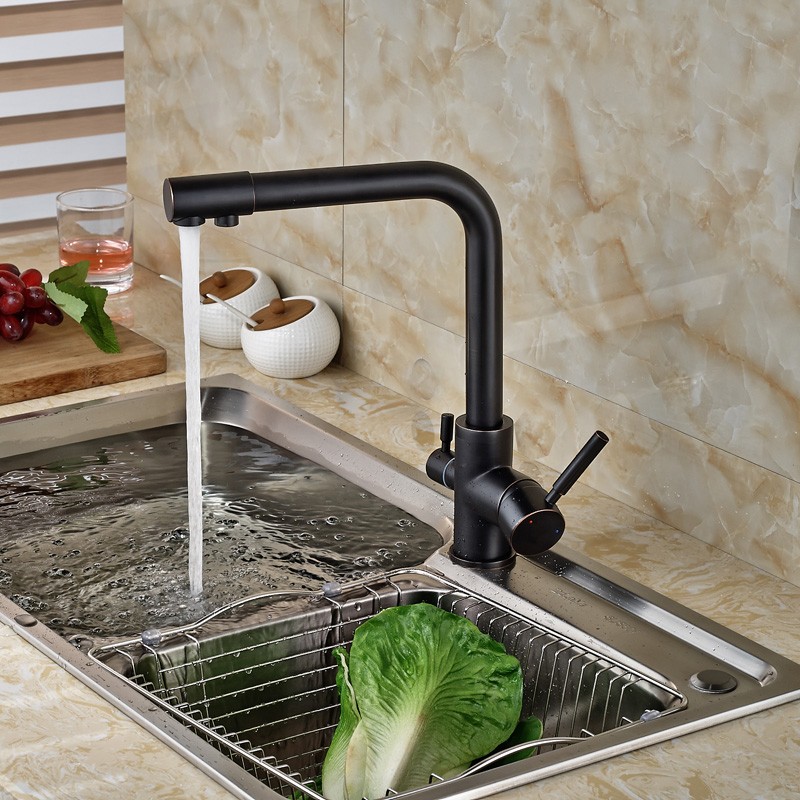 Rubinetto da cucina in bronzo lucidato a olio, miscelatore caldo-freddo, con beccuccio per acqua pura, doppie maniglie (1)