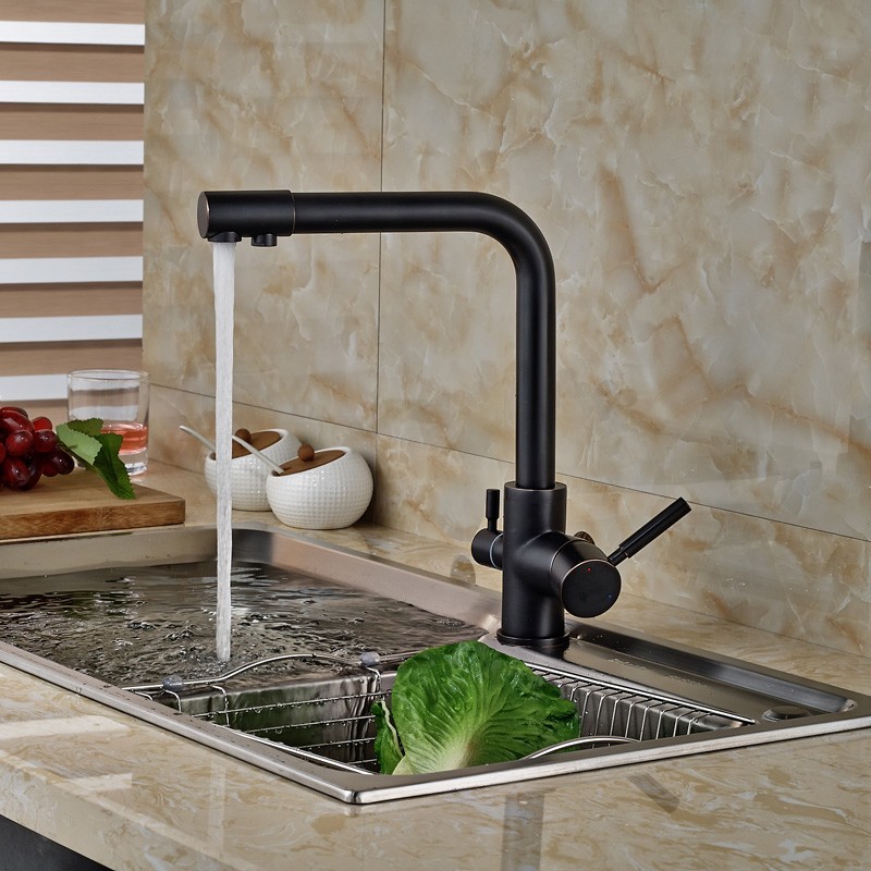 Rubinetto da cucina in bronzo lucidato a olio, miscelatore caldo-freddo, con beccuccio per acqua pura, doppie maniglie (3)