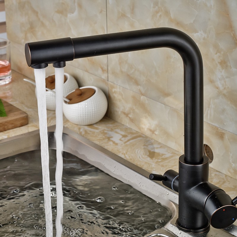 Rubinetto da cucina in bronzo lucidato a olio, miscelatore caldo-freddo, con beccuccio per acqua pura, doppie maniglie (5)