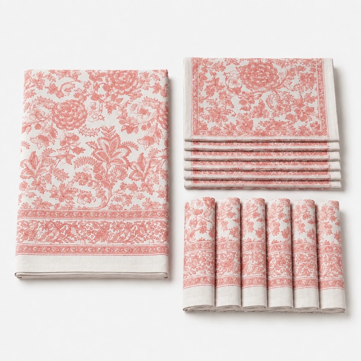 Folded soft coral vine floral cotton linen tablecloth set