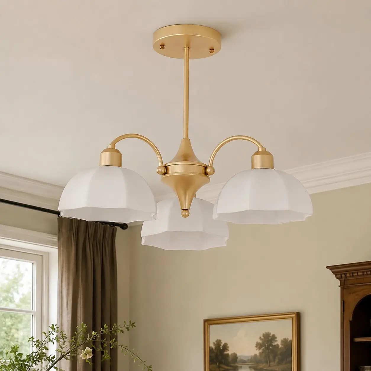 Milk glass chandelier in a warm classic interior